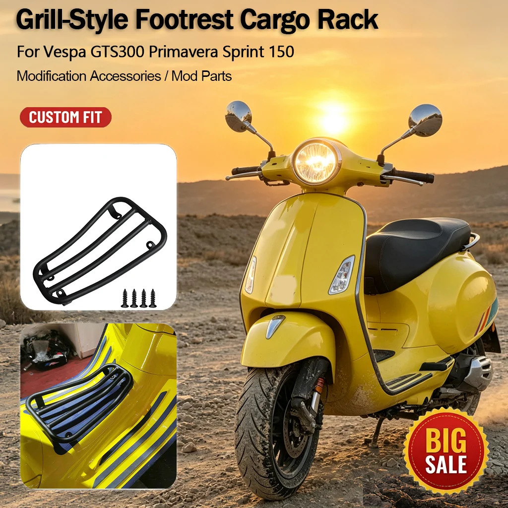 Motorcycle Grill‑Style Footrest Cargo Rack For Vespa GTS300 Primavera Sprint 150 Storage Shelf Mod Accessories