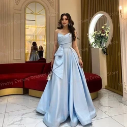 Simple Women's Evening Dresses A Line Sexy Strapless Prom Gowns Pleat Satin Sleeveless Fashion Party Celebrity Elegant Vestidos