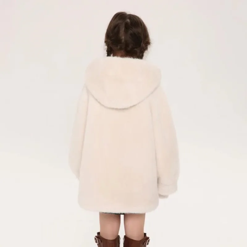 Winter New Girls Faux Fur Jacket Children's Imitation Mink Fur Warm Overcoat Hooded Coat A4283