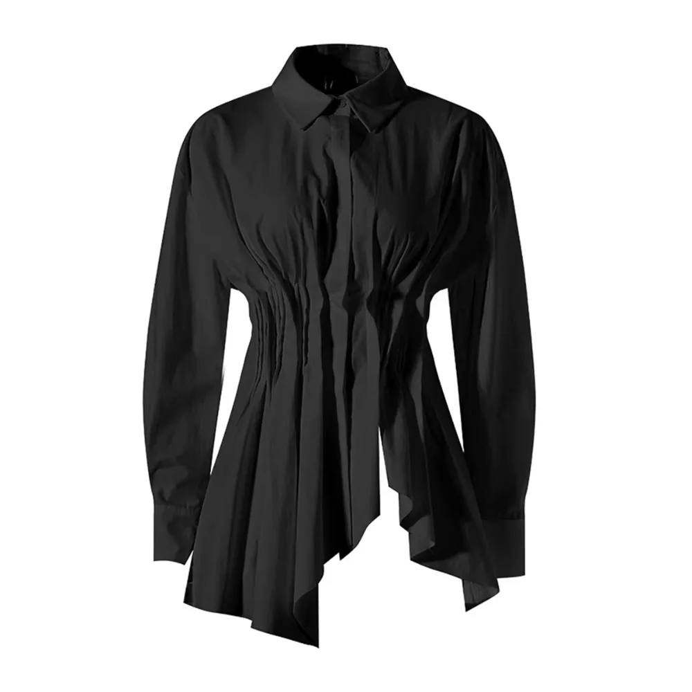 Hem with Irregular Fish Tail Shirt Women's Spring and Summer Temperament Waist Cinched Top with Polo Collar Shirt Tops