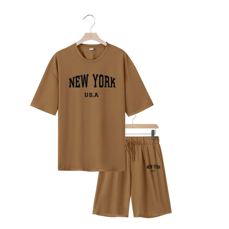 

Summer New Men'S Casual Set - New York City Letter Print Japanese Style Loose Large-Sized Short-Sleeved Short-Shorts 2-Piece Set