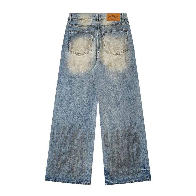 MAQVOB EU US Size High Quality Trendy Brand Washed Straight Jeans for Men Women Loose Workwear Wide Leg Pants