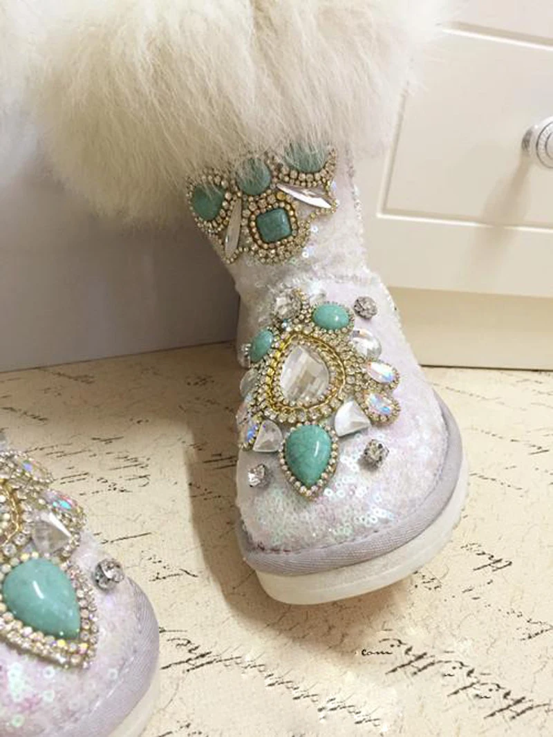 

Turquoise Crystal Embellished Velvet Top White Real Fox Fur Snow Boots Thick Sole Round Toe Warm Mid Plush Fur Boots Women