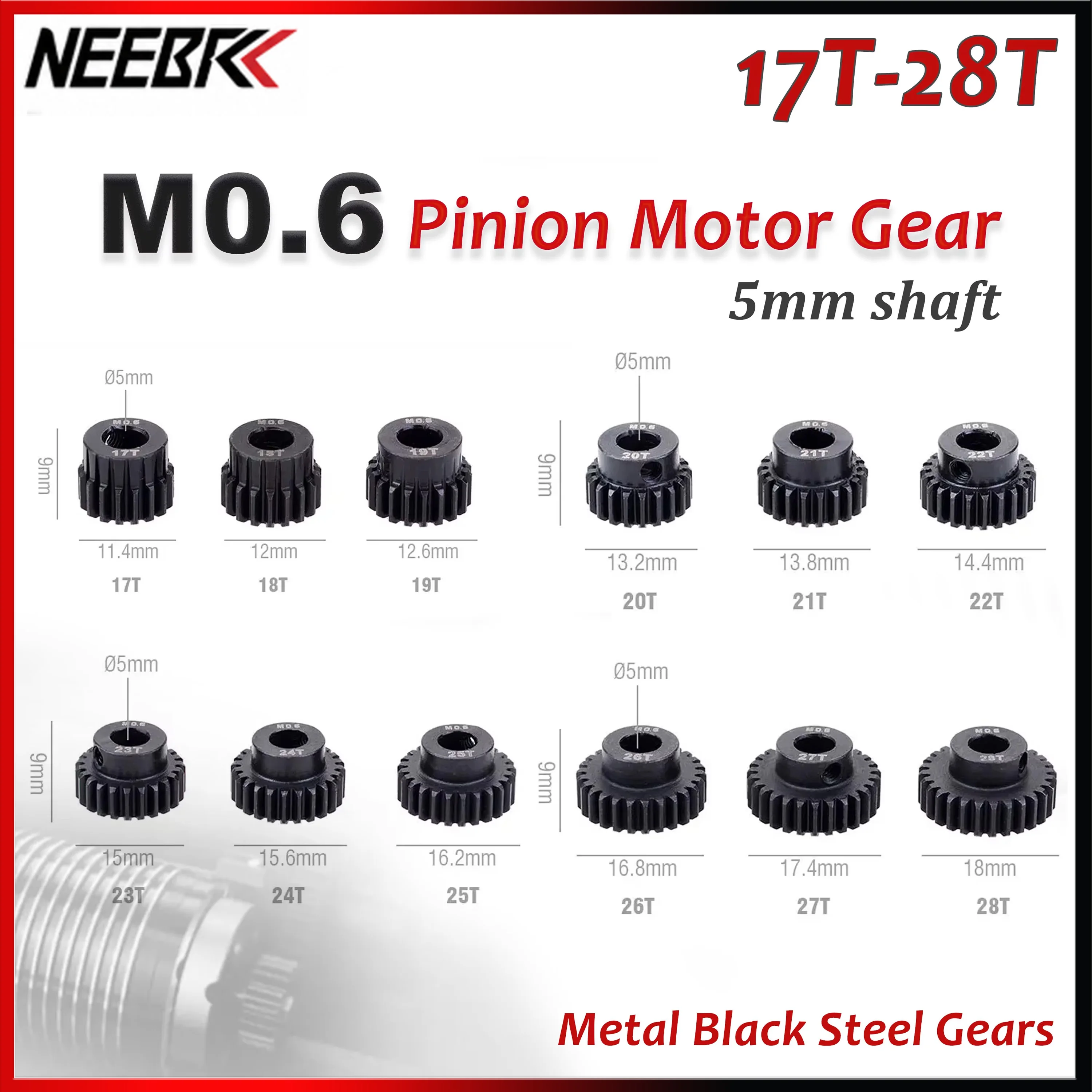 

M0.6 5mm Metal Pinion Motor Gear 17T 18T 19T 20T 21T 22T 23T 24T 25T 26T 27T 28T Black Steel Gears for 1/8 1/10 RC Car Truck Toy