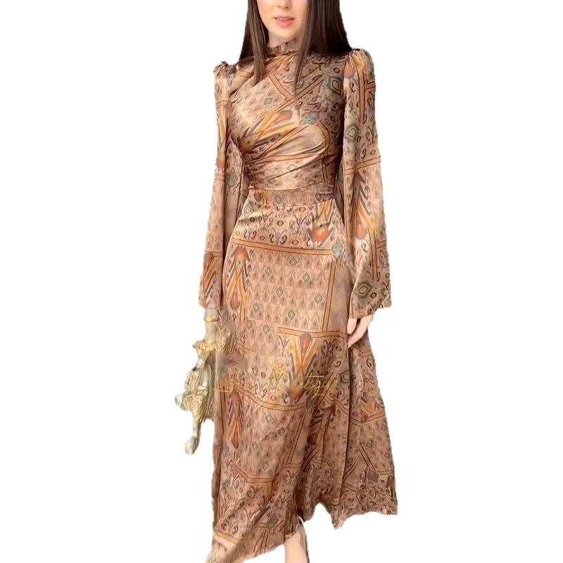 Slim Fit Floral Print Long Sve Bell Sve round Ne Summer New Women's Faion Knitted Polyester Midi Dr A-Line Skirt