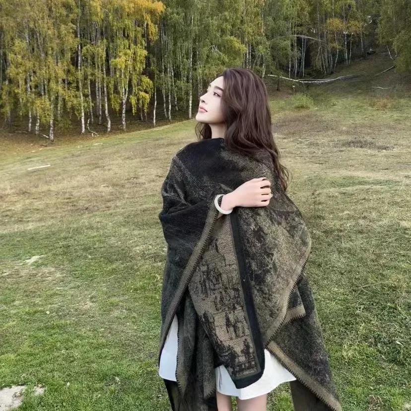 Women Knitted Pullover Cape Faux Mink Ponchos Print Double Sided Tie Dye Casual Loose Fit Elegant Warm Office Lady 2025 Autumn