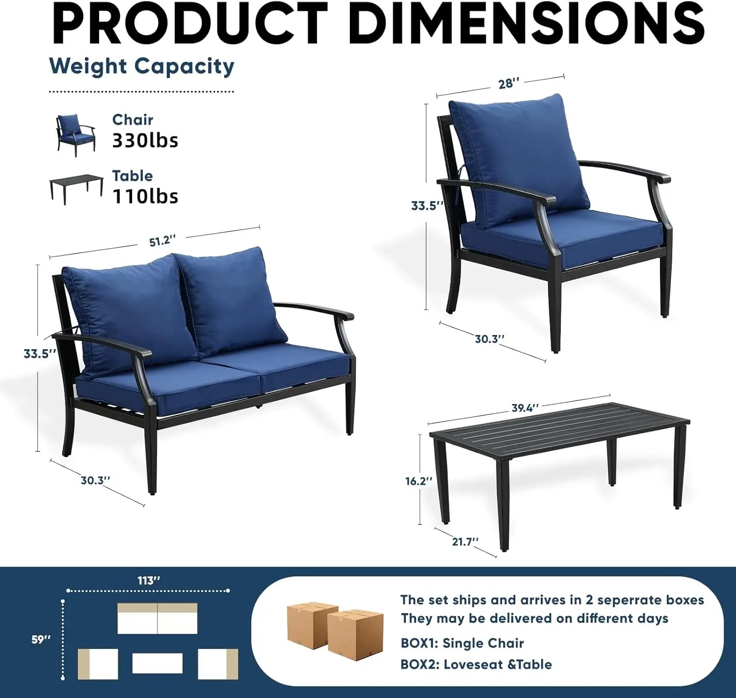 4-Piece Patio Conversation Set,Oversized Outdoor Metal Furniture Set With Table And Loveseat,Removable And Washable Deep
