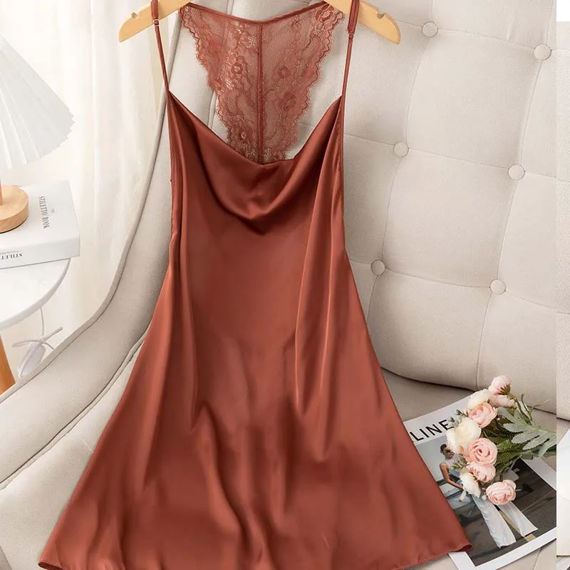 Suspender Nightgown Women Chemise Sleepwear Nightdress Sexy Lace Backless Nightwear Dressing Gown Satin Home Wear Loungewear