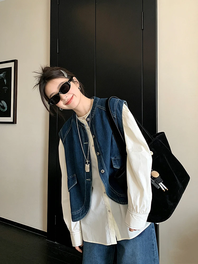 

Retro Sli round Ne Denim Vest Women's Spring Loose Svel Top Age-Defng High-End Feeling Outerwear Jaet