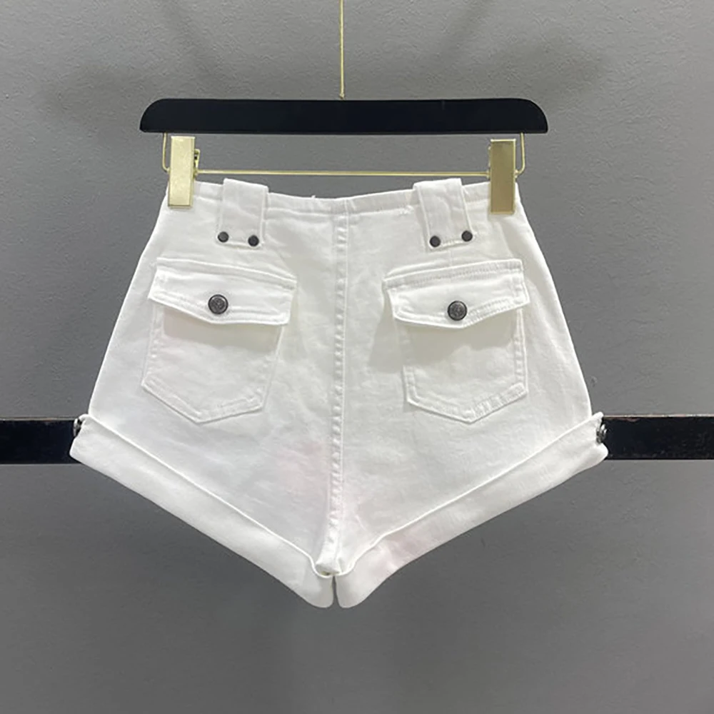 Washed Blue High Waist Denim Shorts for Women 2026 Summer Trendy Multi-button Design Rolled Hem Shorts Y2K Casual Hot Pants