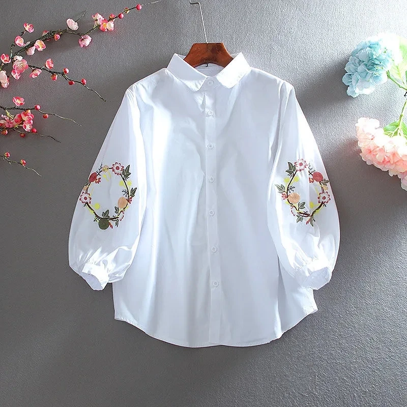 

White Cotton Shirts Women's Spring Summer New Loose Thin Eembroidered Lantern Sleeve White Shirt Blouse Female Casual Tops Y1215