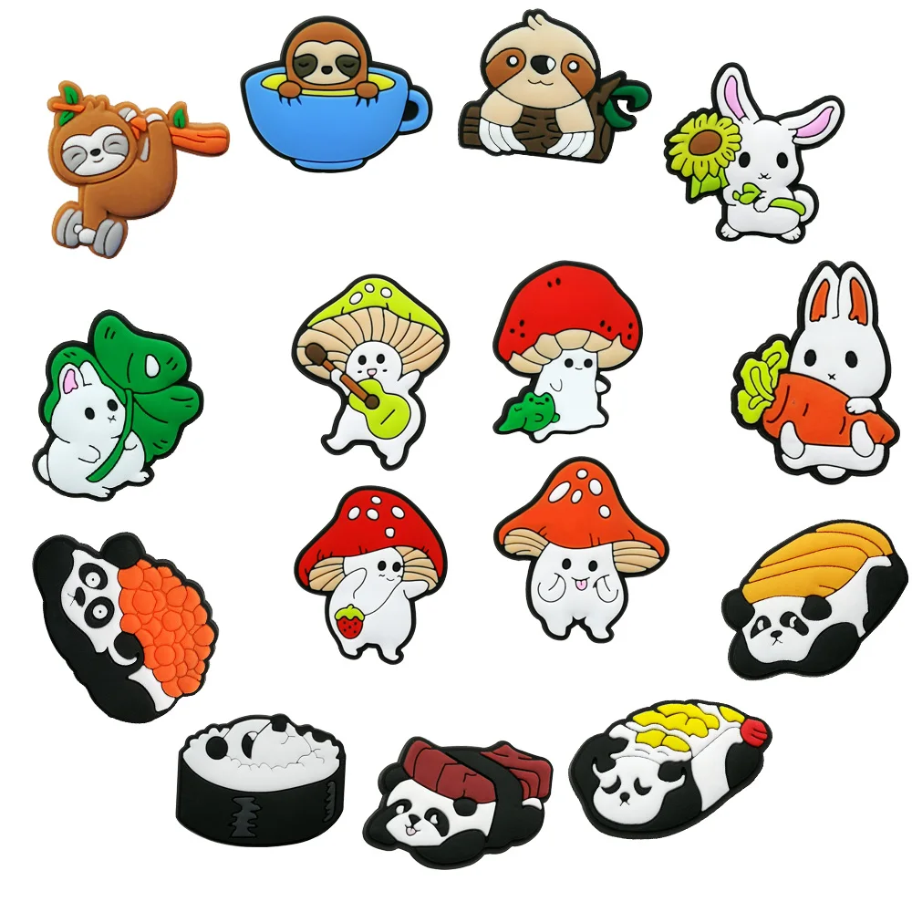 1/15個入り PVC製 ヒーリング漫画シリーズ シューズチャームセット ナマケモノ パンダ ウサギ キノコ シューズアクセサリー クロッグ用バックル ギフト