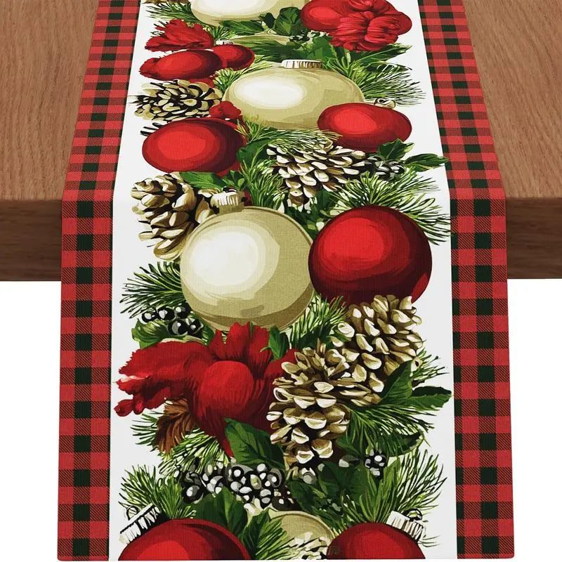 VIKAMA Christmas Table Runner Buffalo Plaid Xmas Ball Pine Cone for Dining Table Home Winter Holiday Party Table Decor