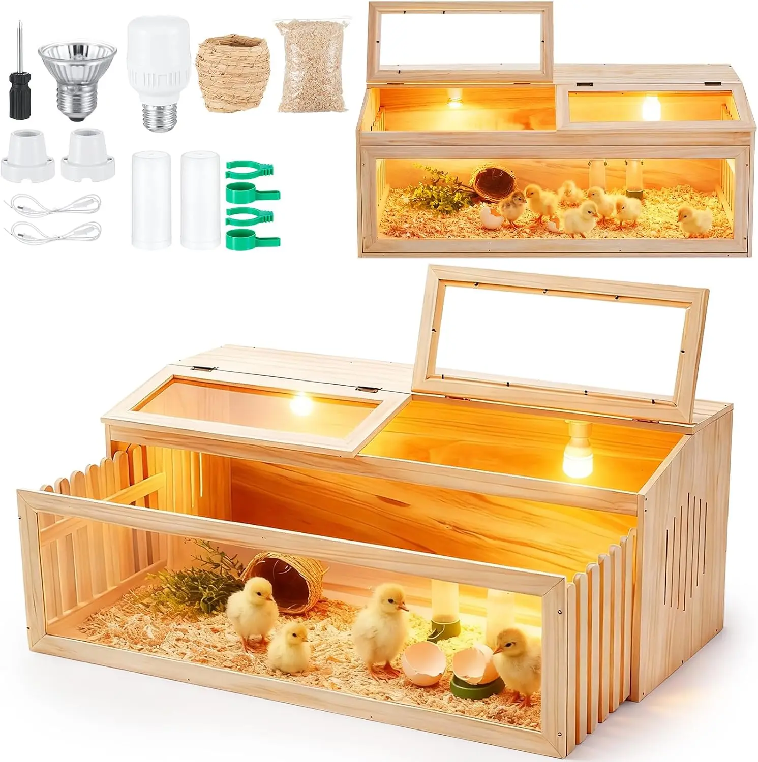 Large Brooder Box Kit for Chick 40 x 16 x 16 in Wooden Brooder with a Pull Out 15in Wide Extension Space, Heating Bulb, Feeder,