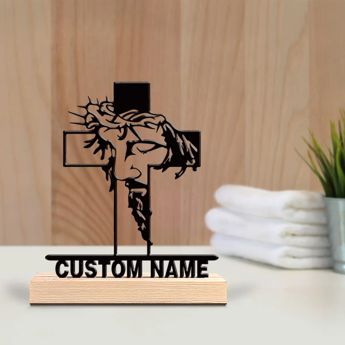 1pc Personalized Custom Jesus and the Cross Customized Name  Iron Statue Iron Ornament Tin Sculpture With Wood Base