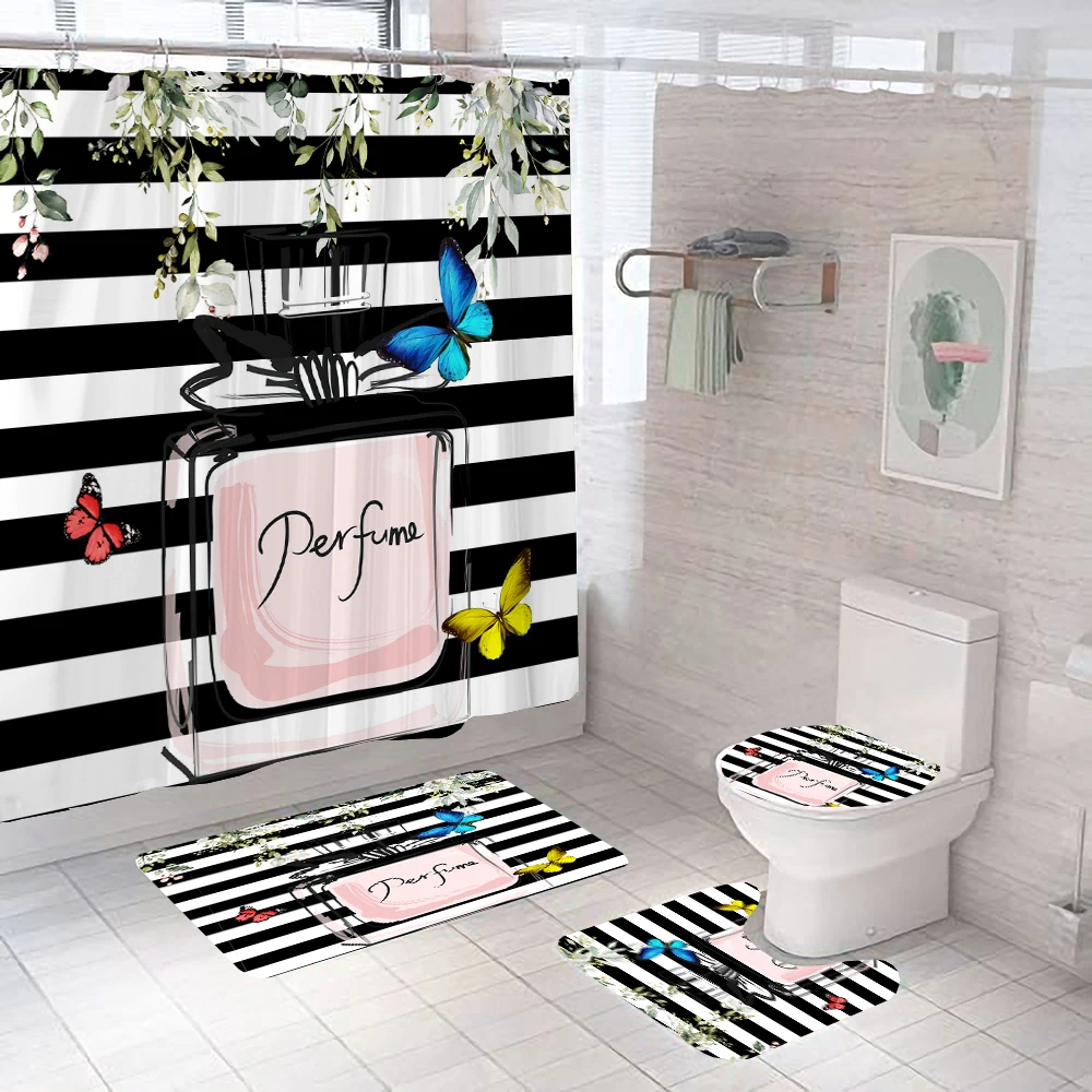 Luxury Perfume and Flower Printed Shower Curtain 4 Pieces Set With Hooks Bathroom Decor Waterproof Bath Curtain Mat Toilet Lid