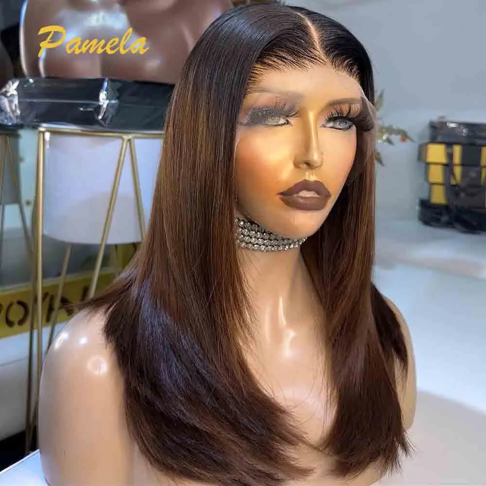 Pixie Cut Bone Straight Short Bob Ombre 1b/4 Colored Wig 13x6 HD Transparent Lace Front Human Hair Glueless Wig Ready To Go