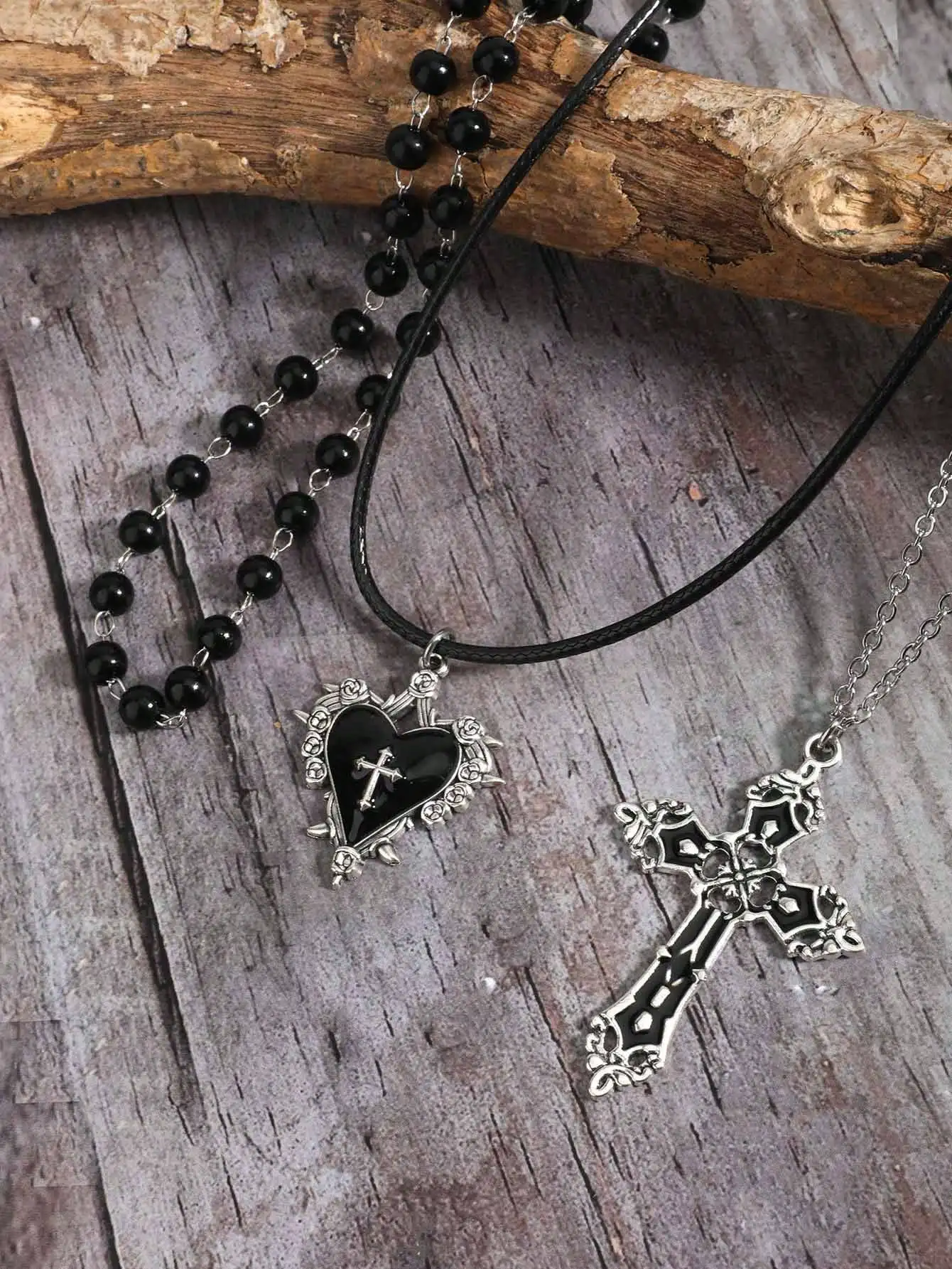 3pcs Vintage Gothic Style Black Pearl Flower Heart Cross Necklace Set, Y2K Necklace Jewelry Set For Women