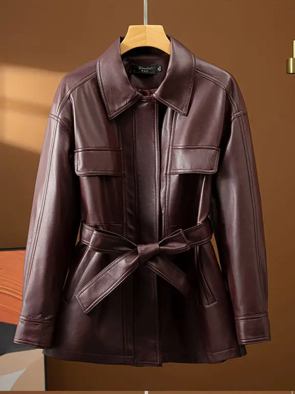   Ning 本物の羊革レザージャケット レディース スプリングオータム ウエストを締めるベルト付き ミディ丈 ウインドブレーカー