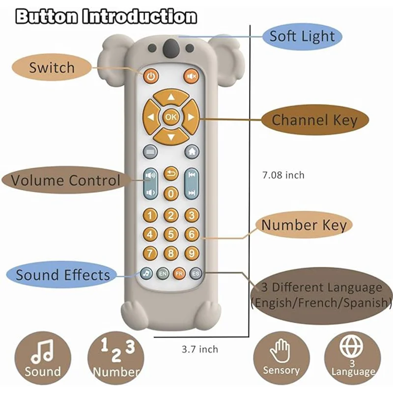 Baby TV Remote Control Toy Soft Silicone Teether Cover Musical Play Remote Light Sound Early Educational Learning for Kids