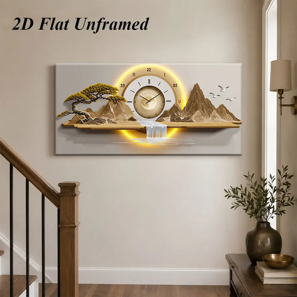 (1PC Unframe)1 piece of Chinese landscape artistic conception frameless decorative painting creative clock design welcoming gue
