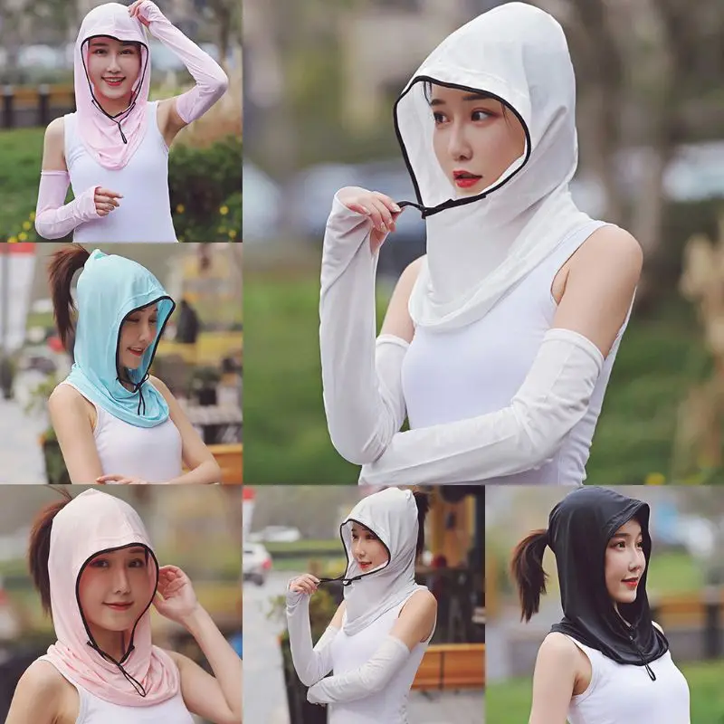 Women Summer UV for Protection Ice Silk Balaclava Hooded Collar Detachable Elastic Cap Sunscreen Scarf Dustproof Beam Ha 066C