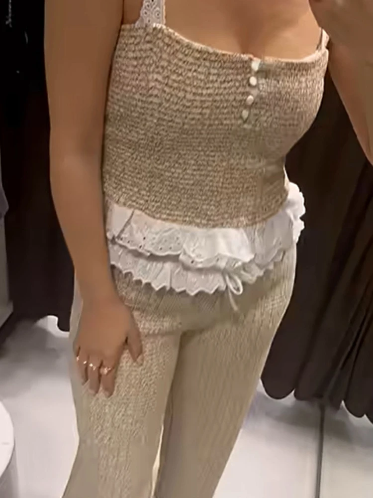 Beige Lace Trim Two-piece Set Women Chic Cute Eyelet Strap Camisole Wide Leg Long Pants Sets Lady Parisian Style Outfit Suits - view 6