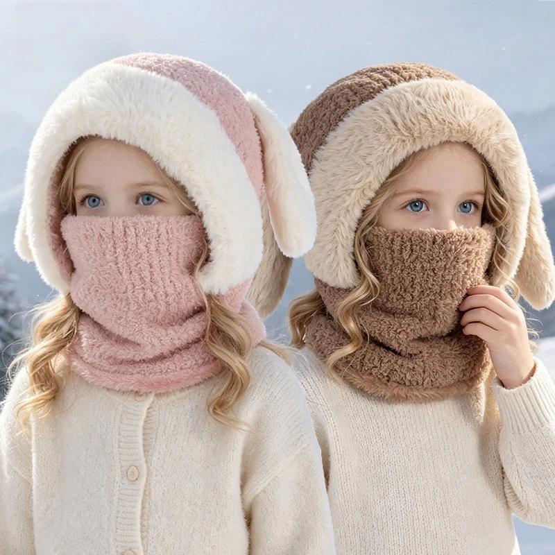 Children Cute Rabbit Ear One Piece Hat Plush Fleece Knit Balaclava for Kids Windproof Warm Mask Hats for Girls Outdoor Ski