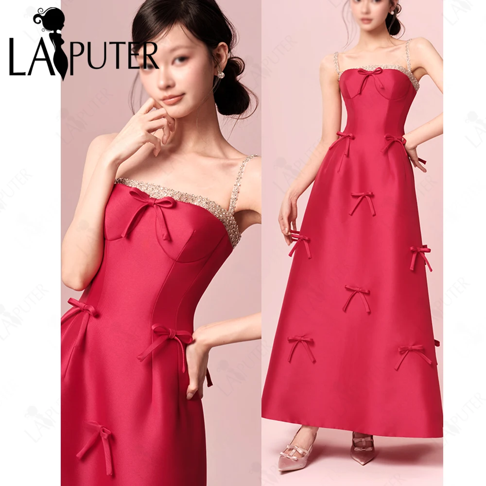 Fuchsia Satin A line Prom Dresses Tea Length Tiny Bow Knot Shoulder Strap Party Dress Crystal Beaded Cute Girl Evening Dress