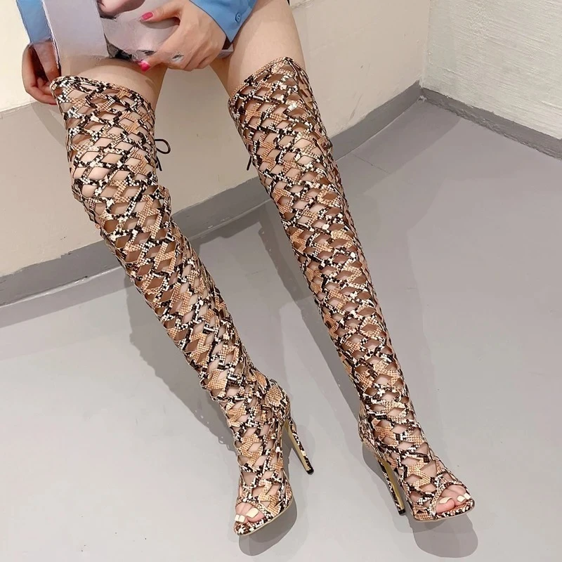 

Aneikeh/пикантные сапоги выше колена со змеиным открытым носком, женские туфли на тонком высоком каблуке на шнуровке для вечеринок в ночном клубе