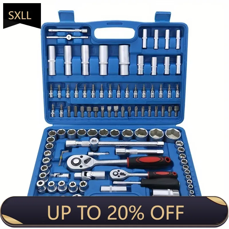 

SXLL 108 Pieces, Repair Tool Set Blue Combination Large Medium Ratchet Wrench Drill Bit Manual Including Hard OEM