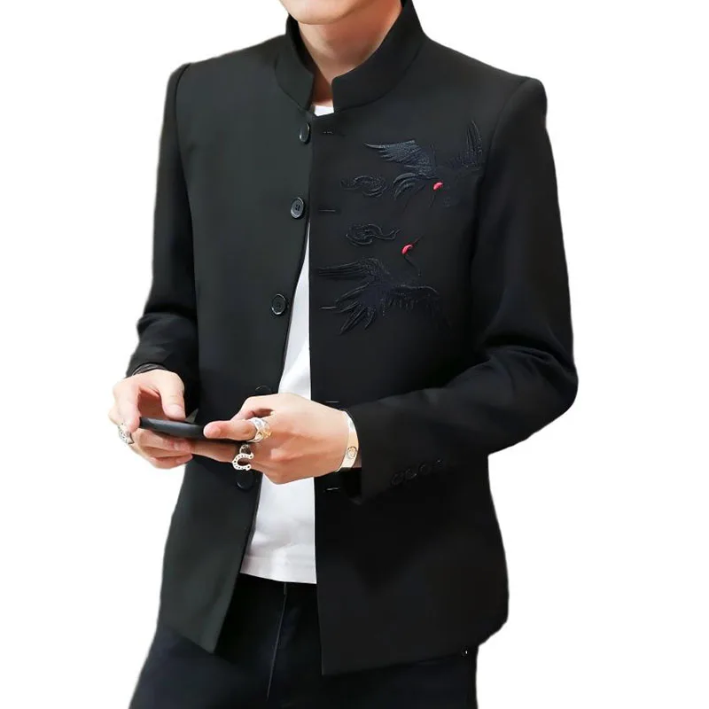 Chinese Style Red-Crowned Crane Embroidery Stand Collar Casual Suit Jacket Men's Blazer Zhongshan Coat