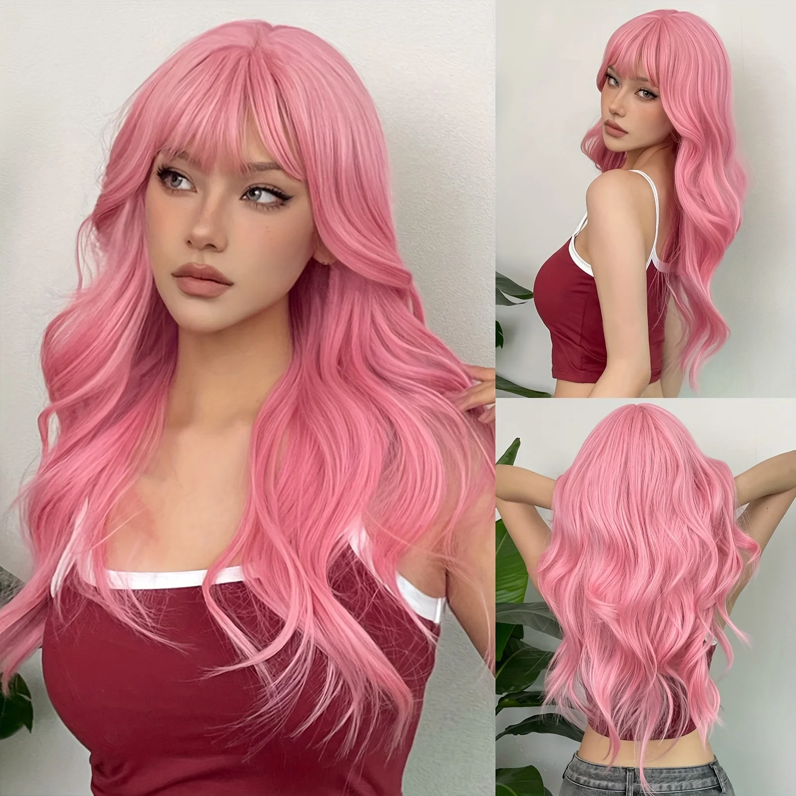 Parrucche per capelli lunghi rosa con onda del corpo con frangia Parrucche per capelli in fibra sintetica per donne Ragazze per feste Cosplay Usa festival musicali da 24 pollici