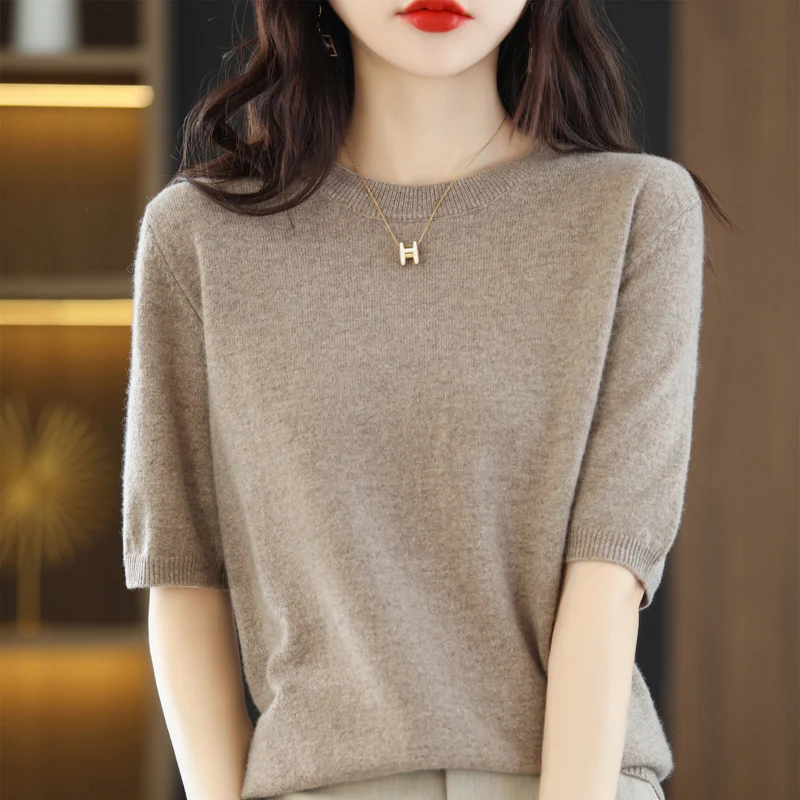 Hot Sale 100% Merino Wool Knit Jumper Women\'s Sweaters And Pullovers Autumn Female O-Neck Clothing Short Sleeve Soft Tops Spring