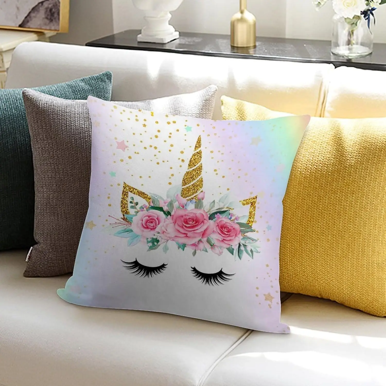 Aesthetic Unicorn Floral Princess Pillowcase Throw Cushion Cover Glitter Star Dreamy 18x18 Inch autumn decoration
