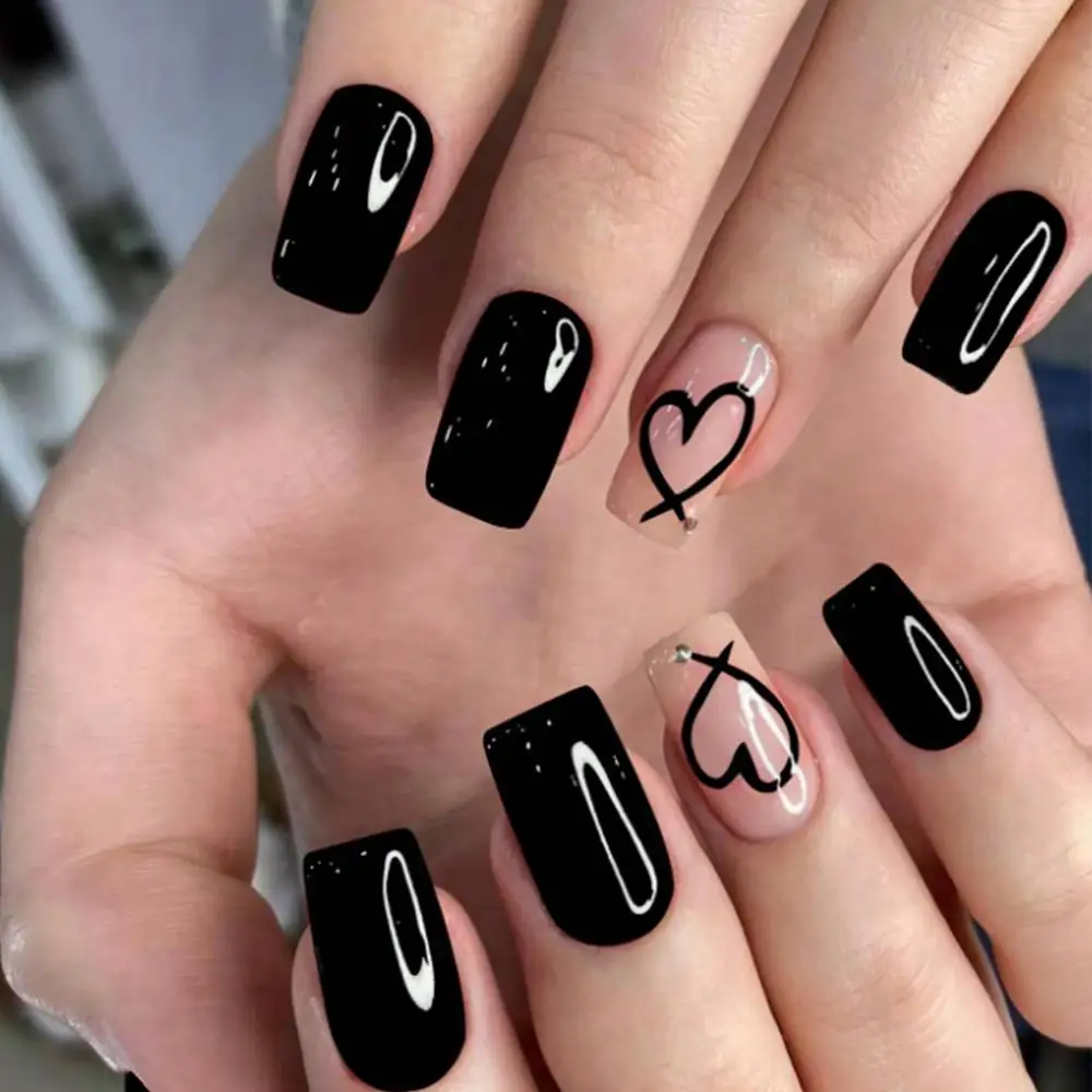 

24pcs/box Valentine's Day Black Line Love Fake Nails Glossy Black Square Head Press On Nail Lines Heart Wearable False Nails Tip