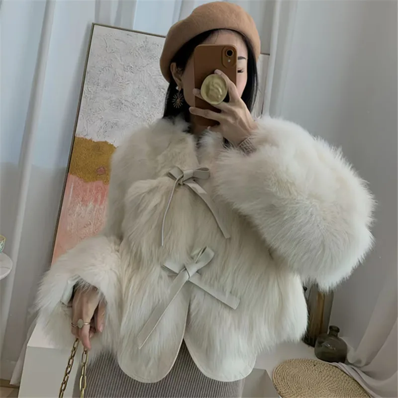 Autumn Faux Fur Crop Coat Women Fashion Streetwear O Neck Fluffy Short Fur Jacket Korean Elegant Lace Up Faux Fox Fur Parkas