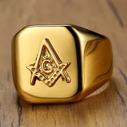 New Arrival Masonic Ring for Men Polished Stainless Steel Ring Gold Color Fashionable Square Ring Party Cool Jewelry