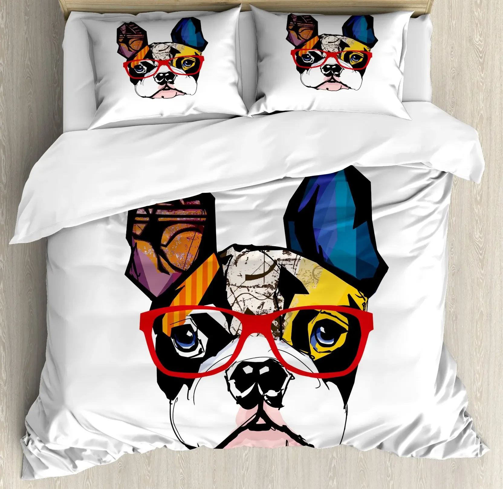 Art Duvet Cover French Bulldog Portrait with Hipster Glasses Abstract Modern Colorful Ears and Eyes Decorative 3 Piece Dog Lover