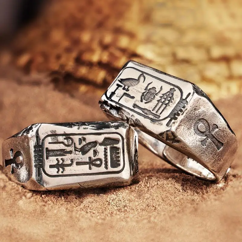 Retro Pattern Egyptian Eternal Totem Ring for Men Personalized Mature Charm Adjustable Open Ring Cool and Handsome Accessories