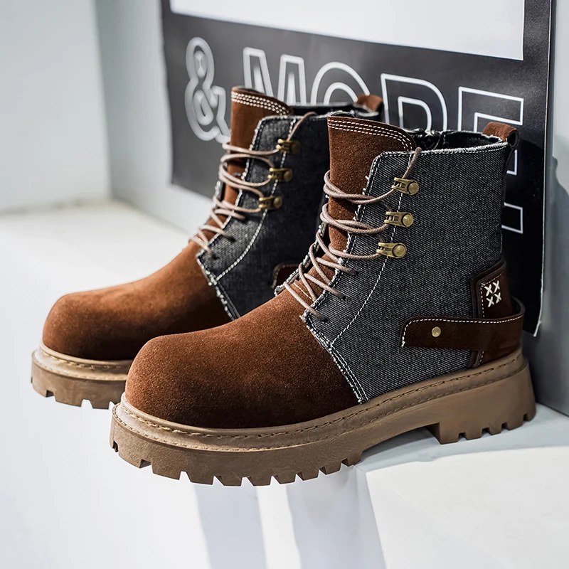 

British Style Brown Cowboy Boots Men Comfortable Suede Ankle Boots Man Outdoor Platform Men's Motorcycle Boots botas para hombre