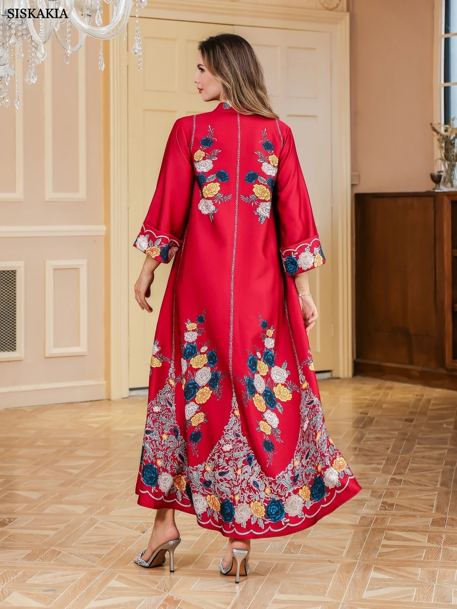 Siskakia Ramadan Dubai Luxury Printing Woman Evening Dress Folds Sleeve Abayas Elegant Loose Kaftan