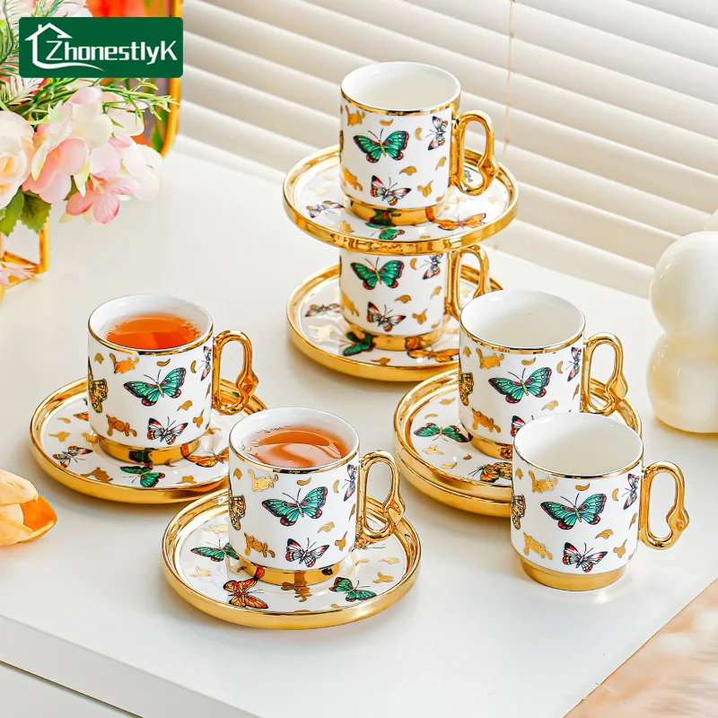 

6Pcs Butterfly Flower Mini Ceramic Coffee Cups Light Luxury Gold Edged Mug Afternoon Tea Cup Set Household Drinkware
