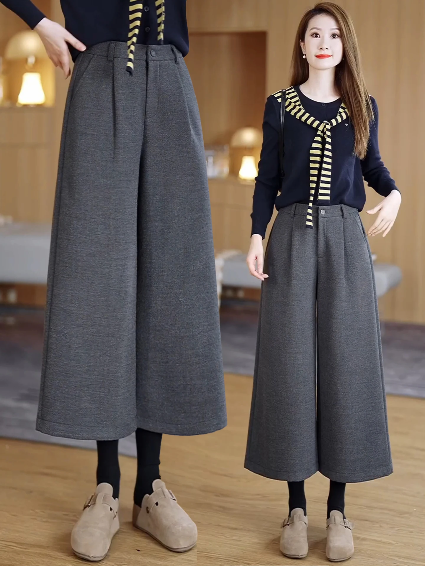 

Женские брюки с высокой талией и широкими штанинами, осенне-зимние, утепленные флисом, свободные, повседневные, прямые, стройнящие, костюмные брюки