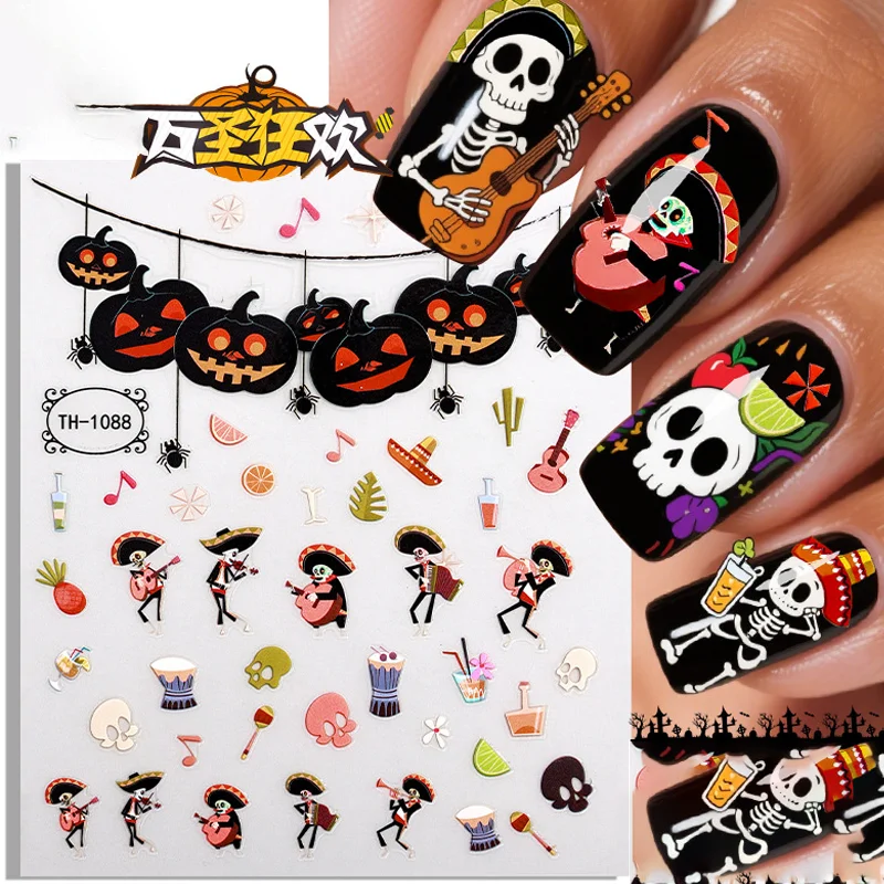2 pezzi Halloween notte luminosa stile scuro fantasma teschio gatto palmo sanguigno 3D autoadesivo nail art adesivo manicure fai da te