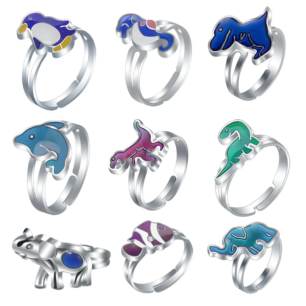 20Pcs/Lot Fashion Temperature Sensitive Color Changing Mood Children Jewelry Adjustable Ring Animal Face Plant Mixed Style Gift