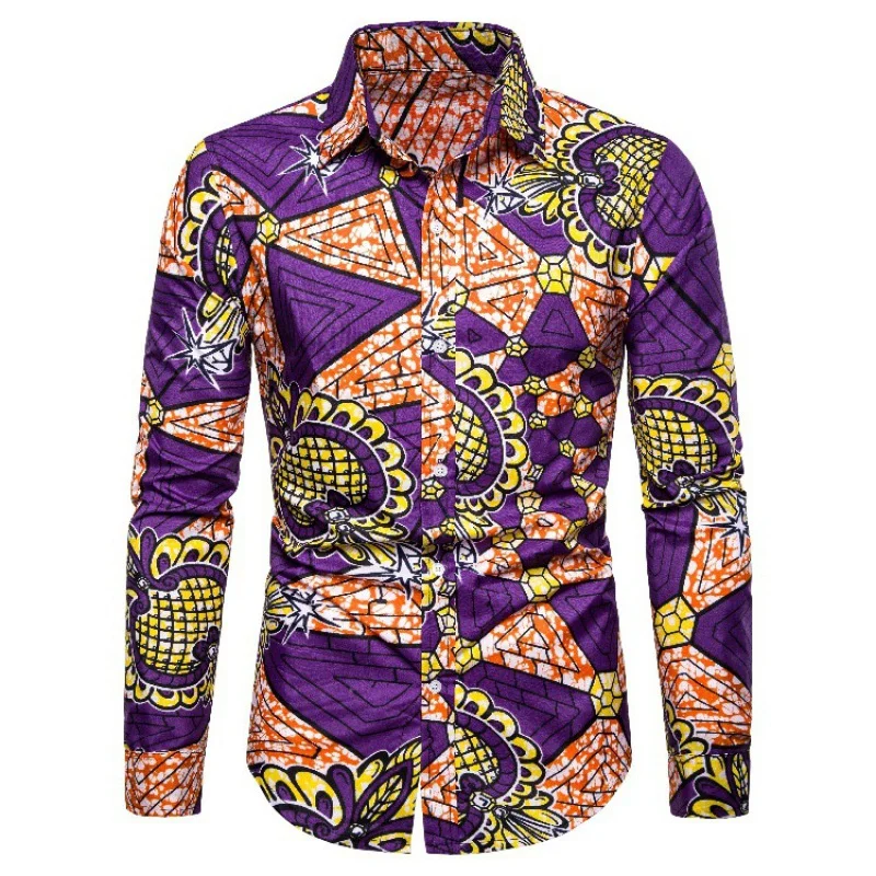 New Men\'s Button Shirt Dashiki African Print Shirts Long Sleeve Tops Traditional Couple Clothes Hip Hop Ethnic Style Streetwear