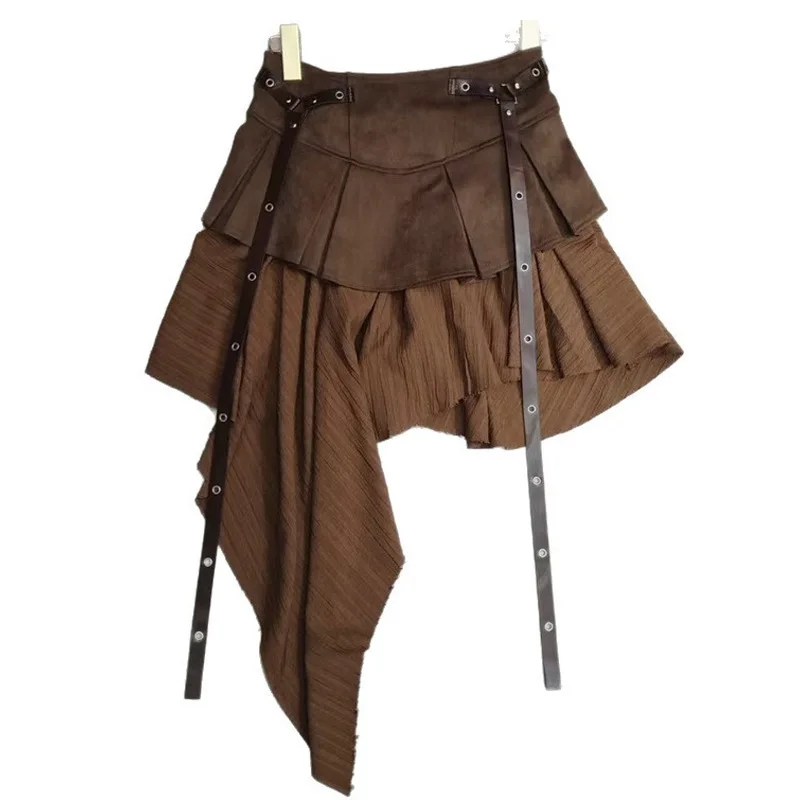 Midi plissado de camurça sintética emendada para mulheres, saia curta evasê emagrecedora de cintura alta elegante