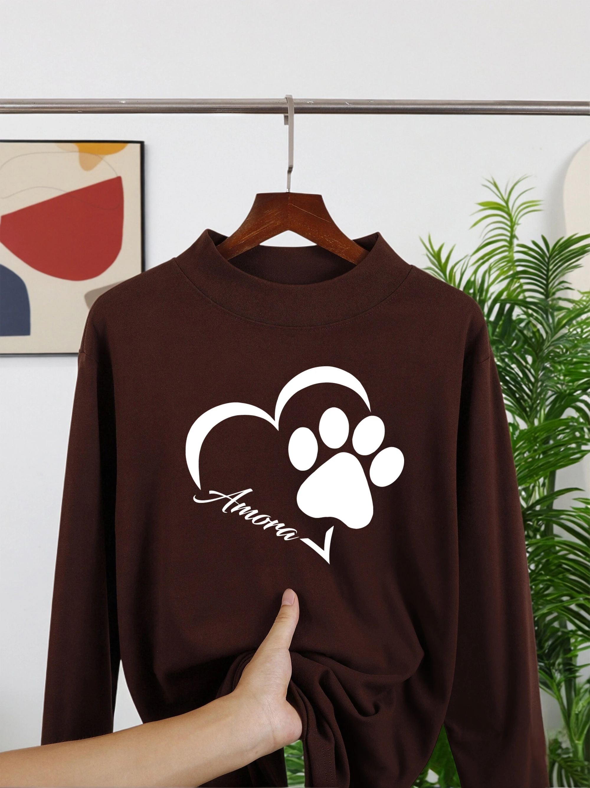 Koszulki damskie z nadrukiem kreatywnym z motywem miłości i kociego łapka, z półgolfem, ciepłe na jesień, z długim rękawem, z polaru w stylu Y2K, codzienne ubrania streetwear