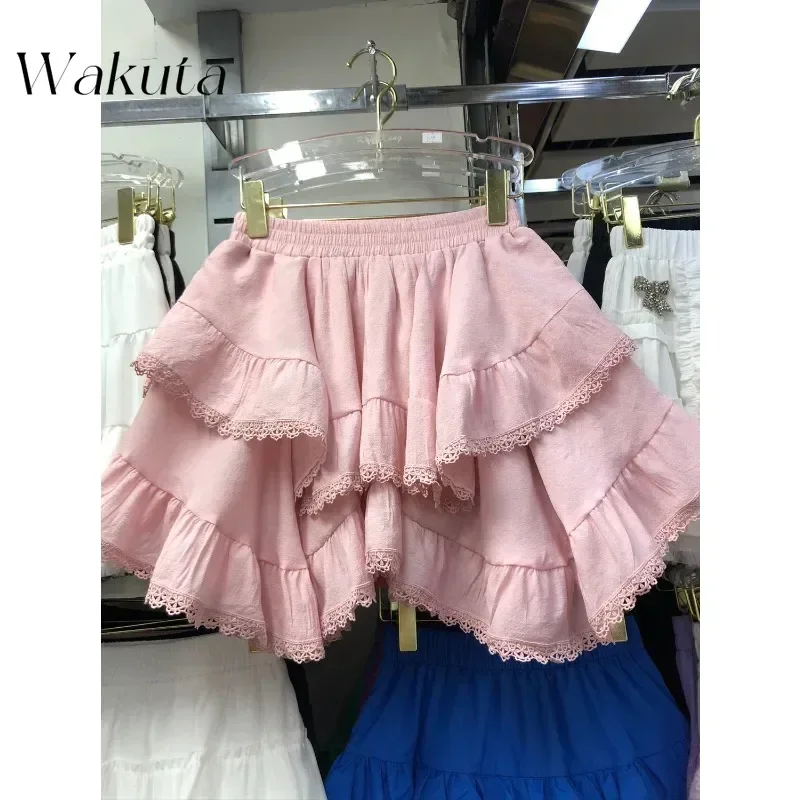 WAKUTA Japanese Elastic Waist White Black Irregular Kawaii Skirt Style School Y2k Aesthetic Ruffles Short Skirt Women Streetwear